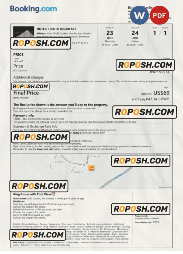 Botswana hotel booking confirmation Word and PDF template, 2 pages