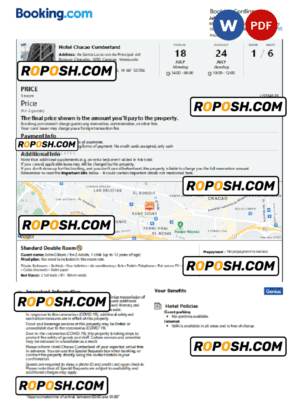 Venezuela hotel booking confirmation Word and PDF template, 2 pages