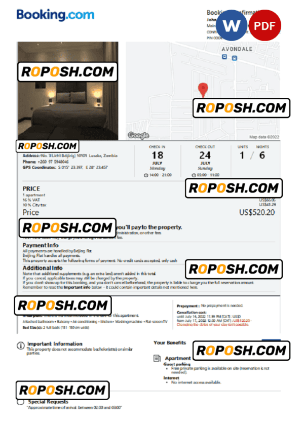 Zambia hotel booking confirmation Word and PDF template, 2 pages