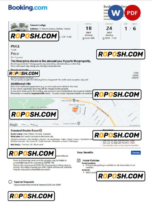 Zimbabwe hotel booking confirmation Word and PDF template, 2 pages