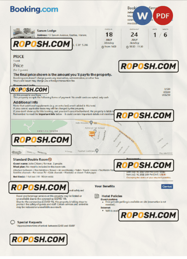 Zimbabwe hotel booking confirmation Word and PDF template, 2 pages