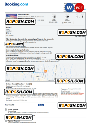 Indonesia hotel booking confirmation Word and PDF template, 2 pages