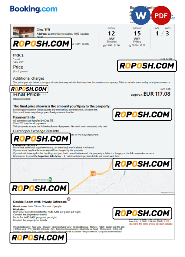 Niger hotel booking confirmation Word and PDF template, 2 pages