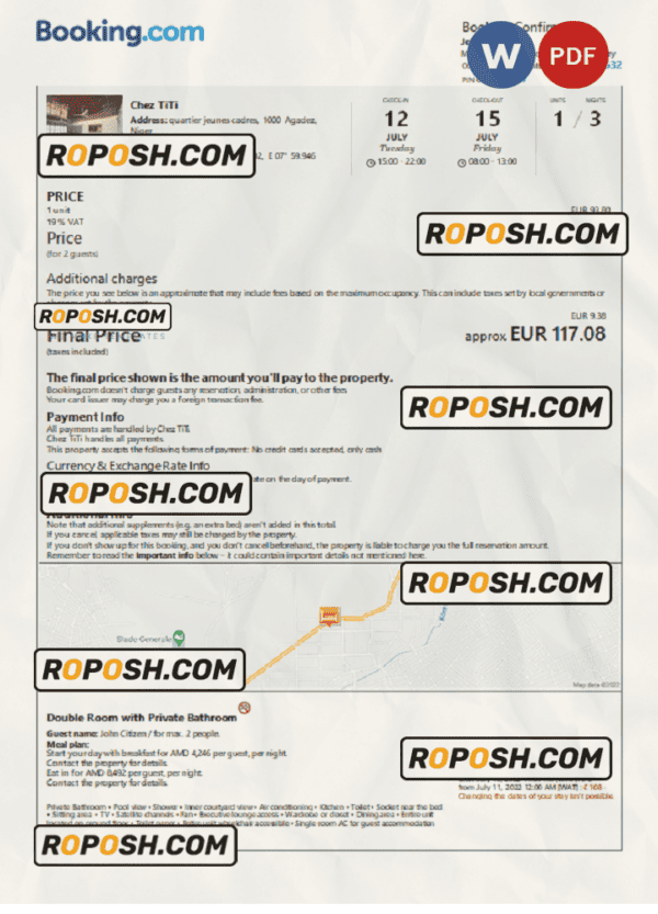 Niger hotel booking confirmation Word and PDF template, 2 pages