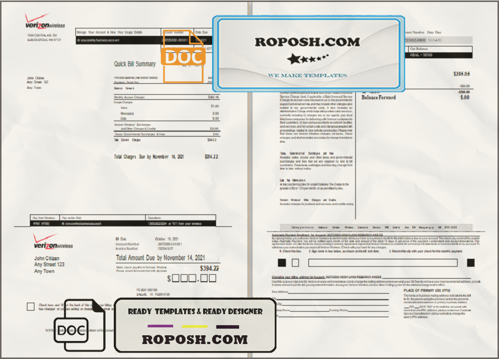 USA Verizon invoice template in Word and PDF format, fully editable scan effect