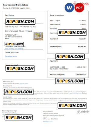 Belize Airbnb booking confirmation Word and PDF template