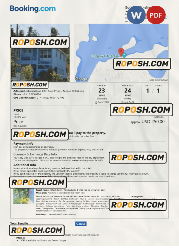 Antigua & Barbuda hotel booking confirmation Word and PDF template, 2 pages scan effect