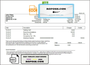 USA Holiday Inn InterContinental Hotels Group invoice template in Word and PDF format, fully editable