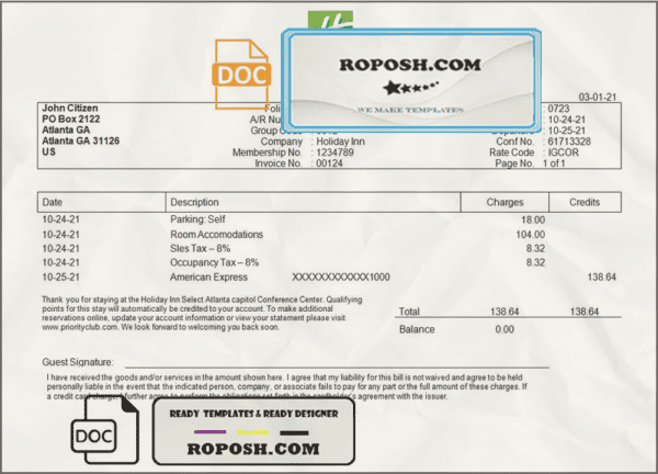 USA Holiday Inn InterContinental Hotels Group invoice template in Word and PDF format, fully editable