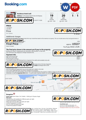 Burkina Faso hotel booking confirmation Word and PDF template, 2 pages