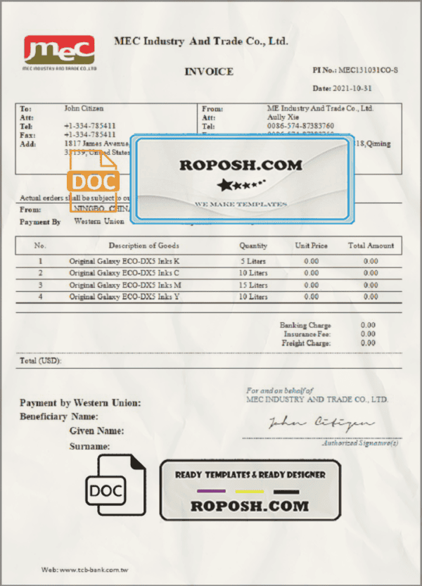 USA MEC Industry and Trade Co invoice template in Word and PDF format, fully editable