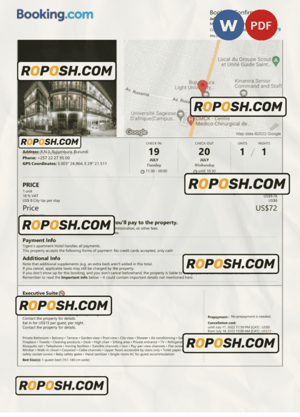 Burundi hotel booking confirmation Word and PDF template, 2 pages