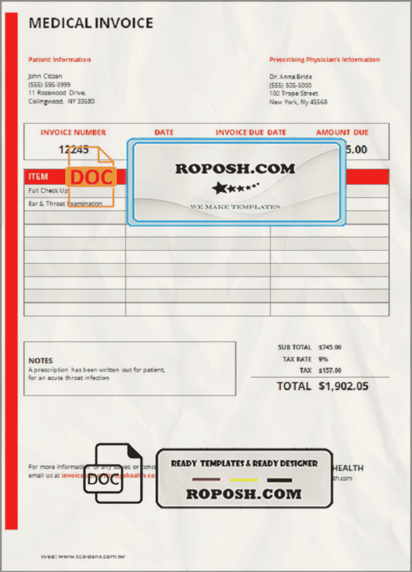 USA New York Northridge Health Center medical invoice template in Word and PDF format, fully editable