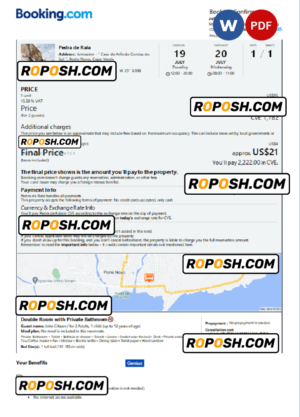Cabo Verde hotel booking confirmation Word and PDF template, 2 pages