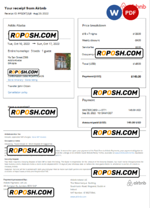 Ethiopia Airbnb booking confirmation Word and PDF template