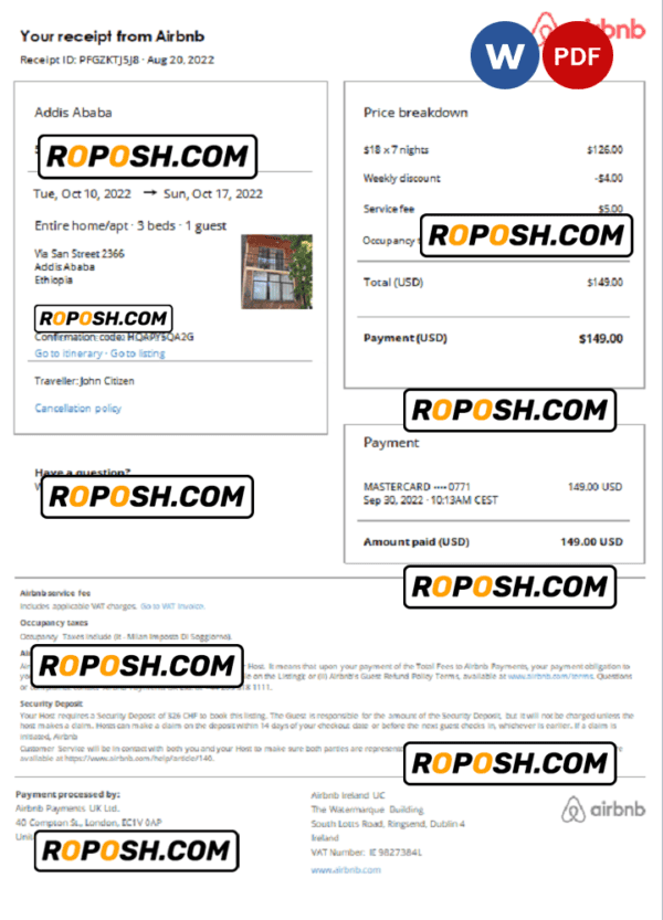 Ethiopia Airbnb booking confirmation Word and PDF template