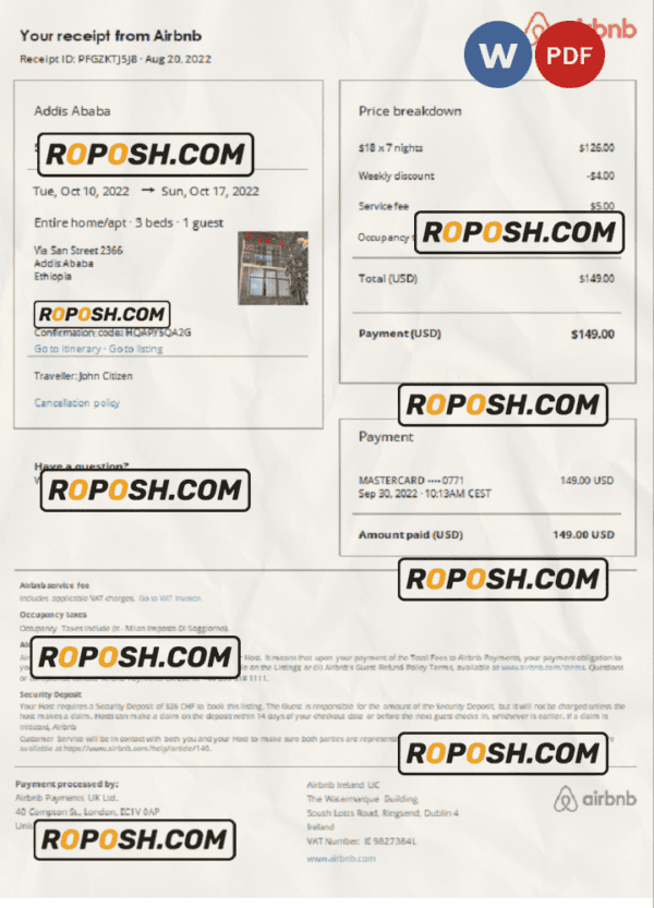 Ethiopia Airbnb booking confirmation Word and PDF template