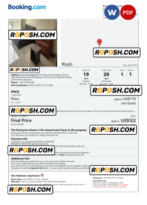 Central African Republic hotel booking confirmation Word and PDF template, 2 pages