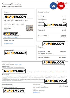 Benin Airbnb booking confirmation Word and PDF template