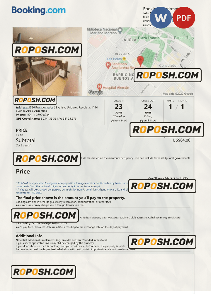 Argentina hotel booking confirmation Word and PDF template, 2 pages scan effect