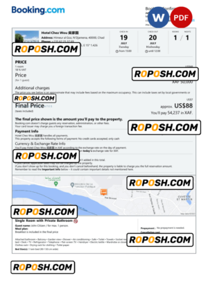 Chad hotel booking confirmation Word and PDF template, 2 pages