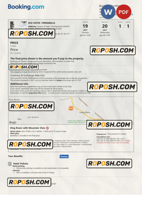 Colombia hotel booking confirmation Word and PDF template, 2 pages scan effect