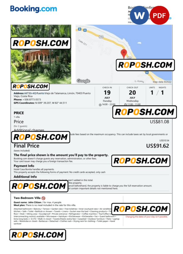 Costa Rica hotel booking confirmation Word and PDF template, 2 pages