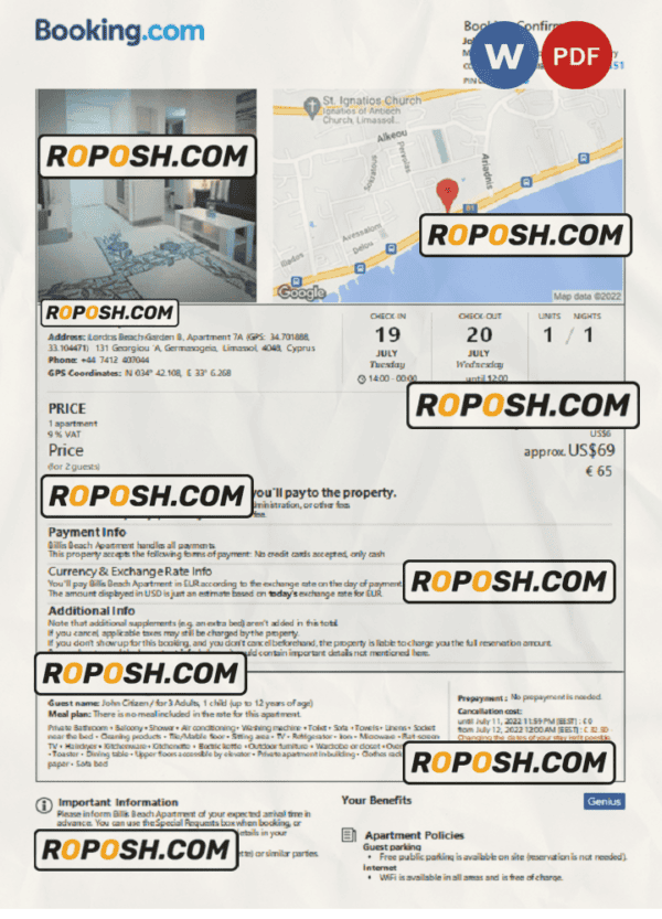 Cyprus hotel booking confirmation Word and PDF template, 2 pages