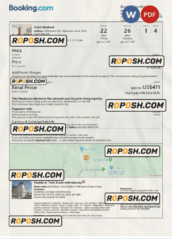 Czech Republic hotel booking confirmation Word and PDF template, 2 pages
