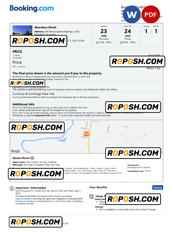 Australia hotel booking confirmation Word and PDF template, 2 pages