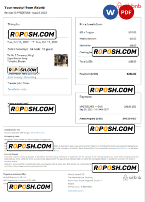 Bhutan Airbnb booking confirmation Word and PDF template