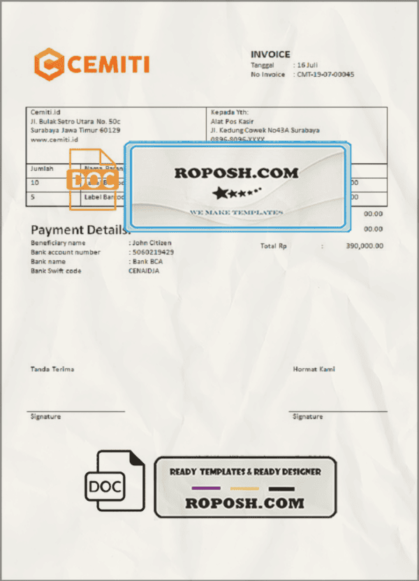 India Cemiti sports electronic community invoice template in Word and PDF format, fully editable
