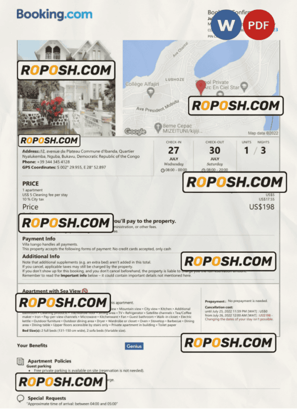 Democratic Republic of the Congo hotel booking confirmation Word and PDF template, 2 pages