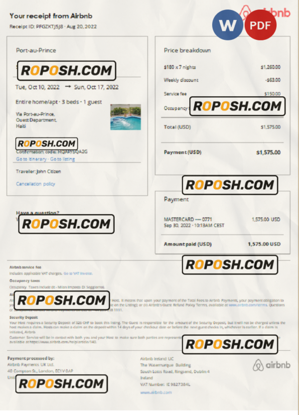 Haiti Airbnb booking confirmation Word and PDF template scan effect