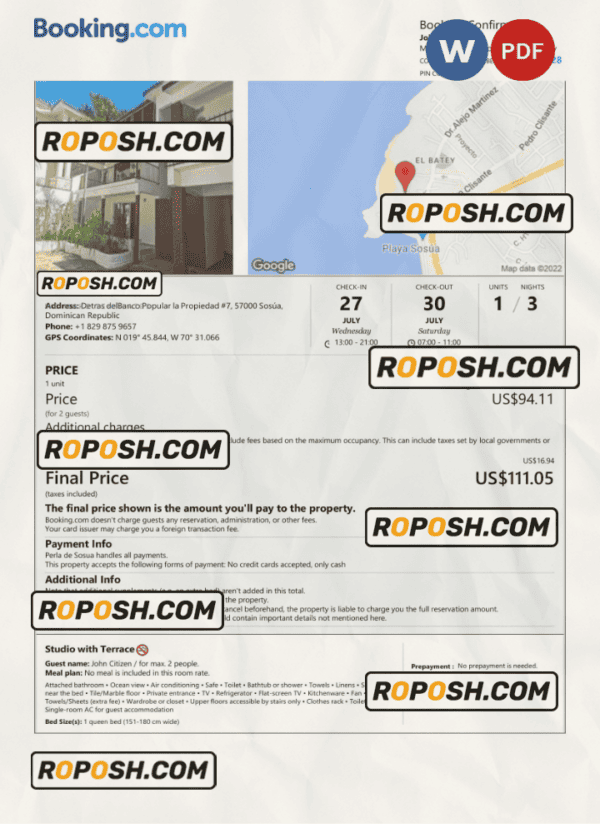 Dominican Republic hotel booking confirmation Word and PDF template, 2 pages