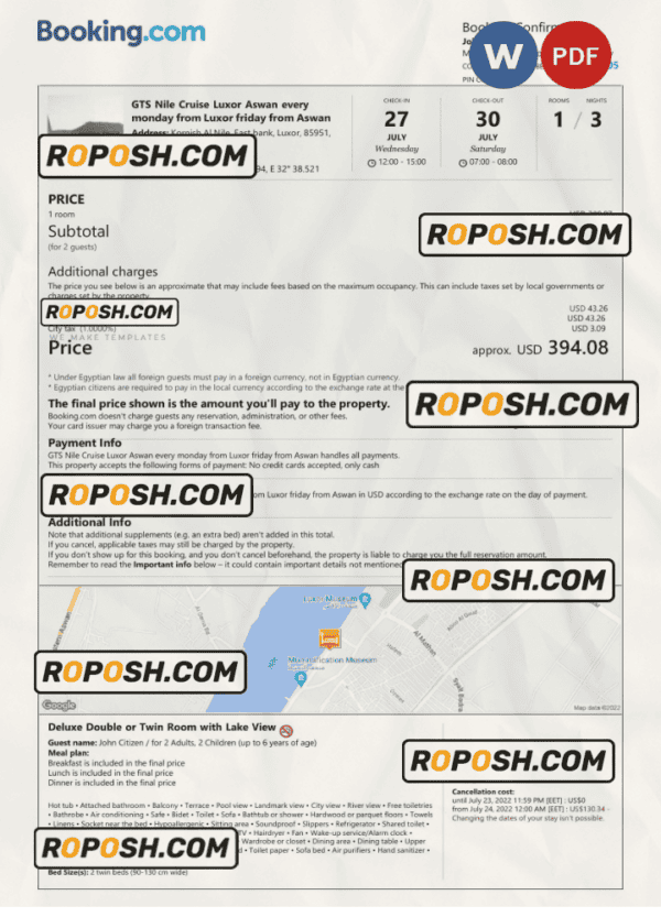 Egypt hotel booking confirmation Word and PDF template, 2 pages