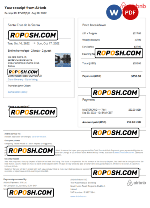 Bolivia Airbnb booking confirmation Word and PDF template