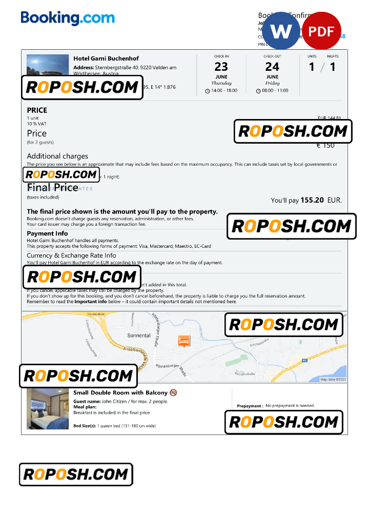 Austria hotel booking confirmation Word and PDF template, 2 pages