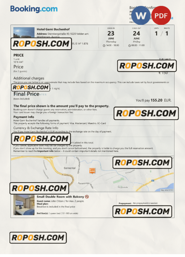 Austria hotel booking confirmation Word and PDF template, 2 pages scan effect