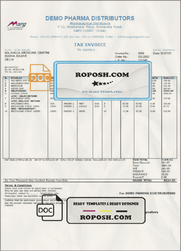 India Demo Pharma Distributor medicine consultancy services invoice template in Word and PDF format, fully editable