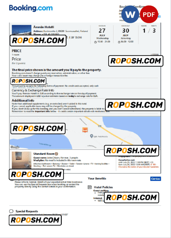 Finland hotel booking confirmation Word and PDF template, 2 pages