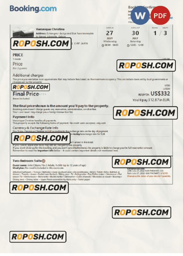 Gabon hotel booking confirmation Word and PDF template, 2 pages