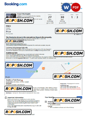 Gambia hotel booking confirmation Word and PDF template, 2 pages