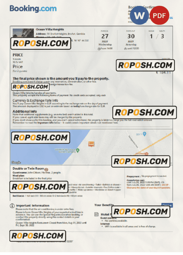 Gambia hotel booking confirmation Word and PDF template, 2 pages