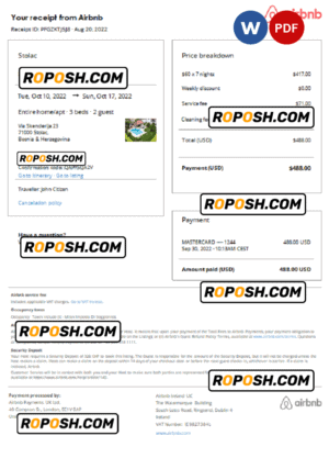 Bosnia and Herzegovina Airbnb booking confirmation Word and PDF template