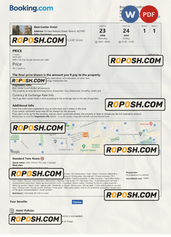Azerbaijan hotel booking confirmation Word and PDF template, 2 pages scan effect