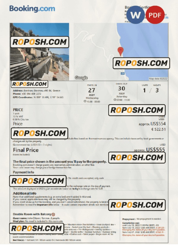 Greece hotel booking confirmation Word and PDF template, 2 pages