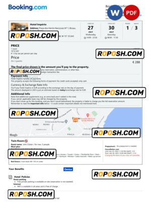 Guinea-Bissau hotel booking confirmation Word and PDF template, 2 pages