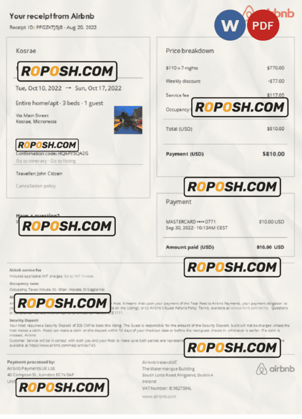 Micronesia Airbnb booking confirmation Word and PDF template
