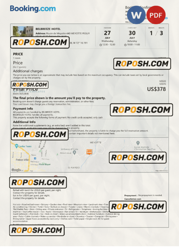 Haiti hotel booking confirmation Word and PDF template, 2 pages scan effect